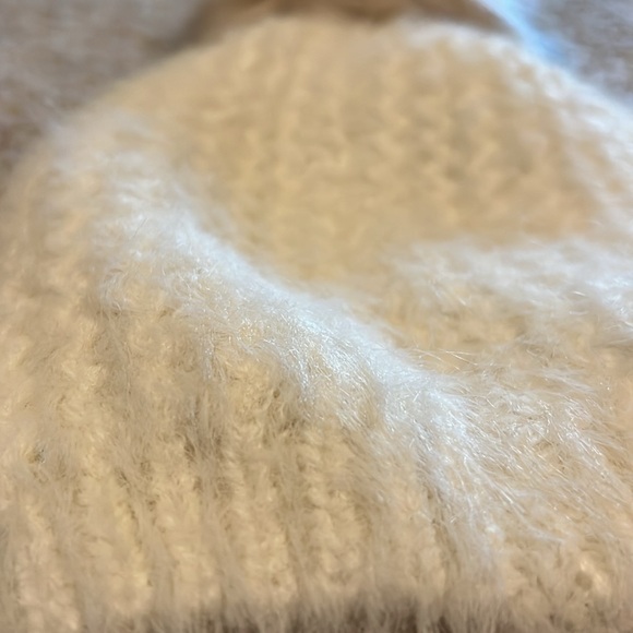Cream Eyelash Fuzzy Beanie with Faux Fur Pom - Picture 2 of 4